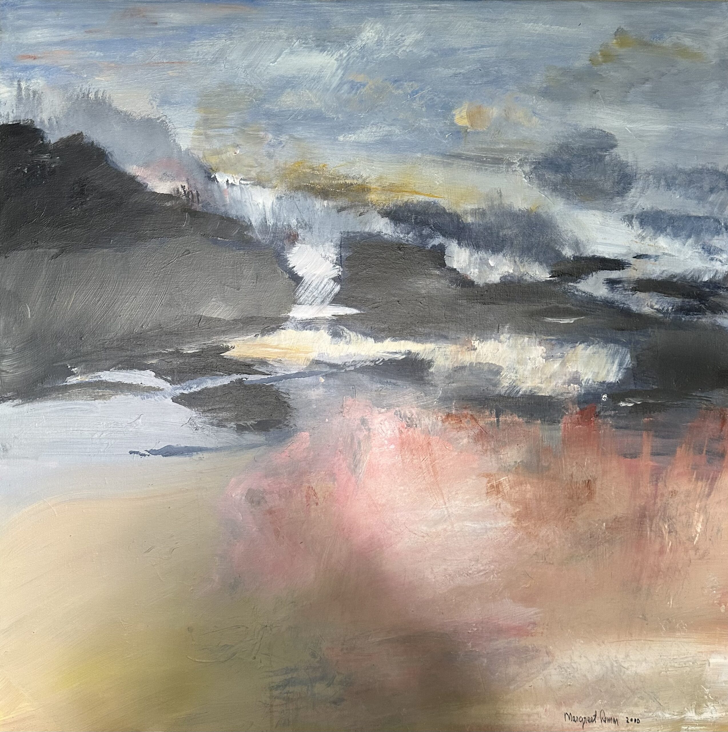 Landschap schilderij Margreet Lemm met grijs met geel en roze